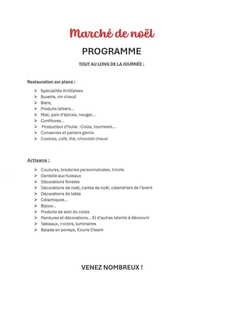 Affiche du programme du marché de Noël 2025 de Saint-Pierre-ès-Champs