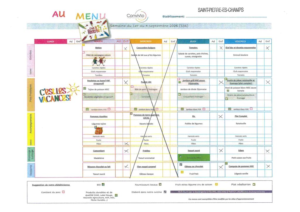 Menu de la cantine de l'école Octave Pellerin, semaine du 1er au 4 septembre 2026