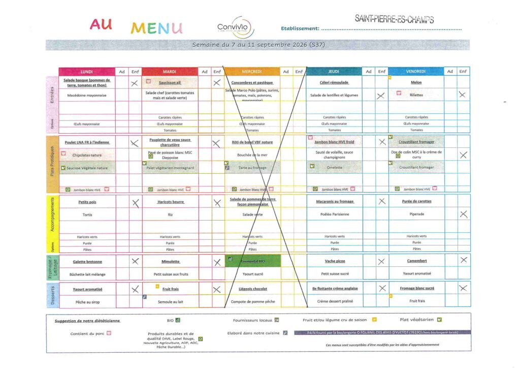 Menu de la cantine de l'école Octave Pellerin, semaine du 7 au 11 septembre 2026
