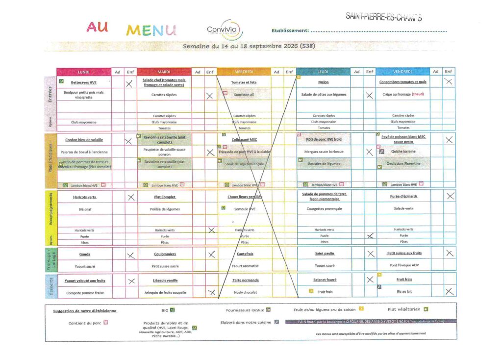 Menu de la cantine de l'école Octave Pellerin, semaine du 14 au 18 septembre 2026