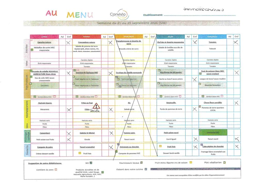 Menu de la cantine de l'école Octave Pellerin, semaine du 21 au 25 septembre 2026