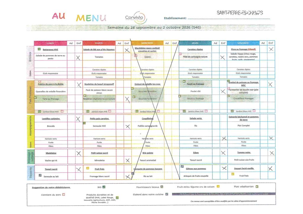 Menu de la cantine de l'école Octave Pellerin, semaine du 28 septembre au 2 octobre 2026