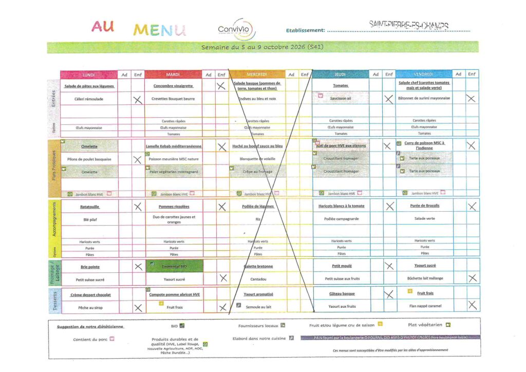 Menu de la cantine de l'école Octave Pellerin, semaine du 5 au 9 octobre 2026