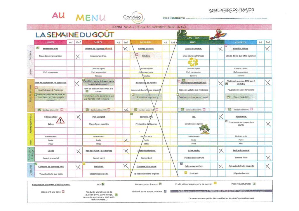 Menu de la cantine de l'école Octave Pellerin, semaine du 12 au 16 octobre 2026