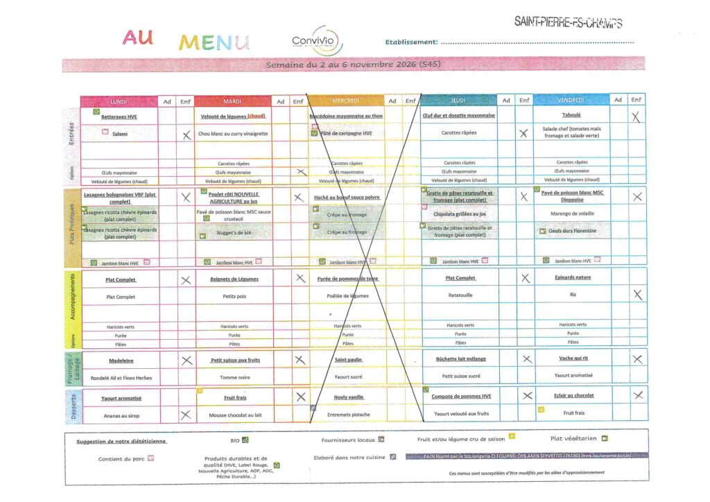 Menu de la cantine de l'école Octave Pellerin, semaine du 2 au 6 novembre 2026